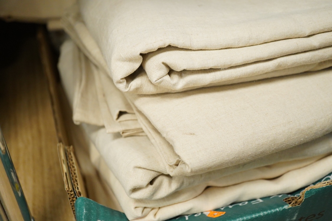 Ten French provincial cream coarse linen sheets, two unused with original Galleries Lafayette labels